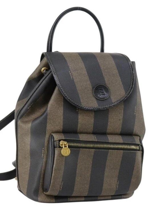 FENDI Pecan Canvas Backpack PVC Brown Black gold Auth main image 9